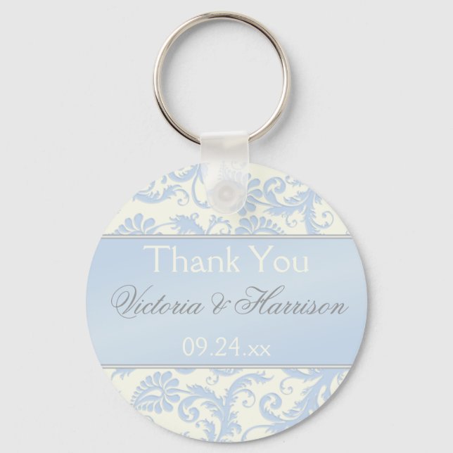 Blue and Ivory Damask Wedding Favor Key Chain (Front)