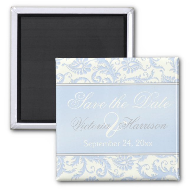 Blue and Ivory Damask Wedding Favor Magnet (Front)