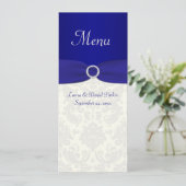 Blue and Ivory Damask Wedding Menu Card (Standing Front)