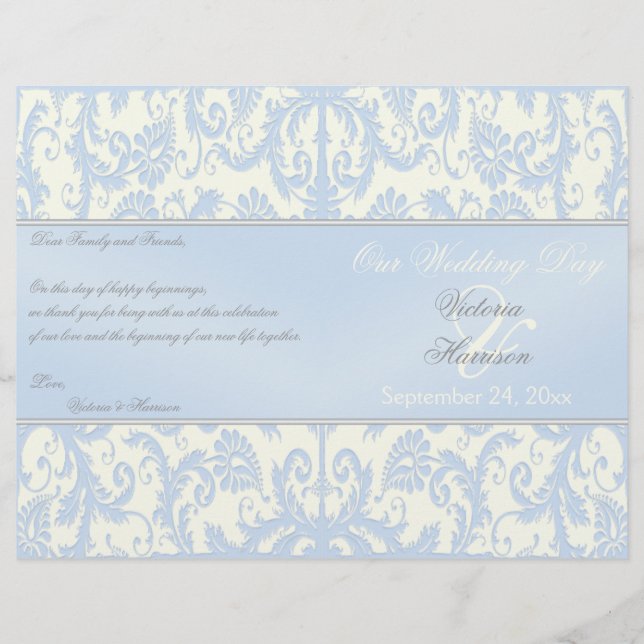 Blue and Ivory Damask Wedding Program (Front)