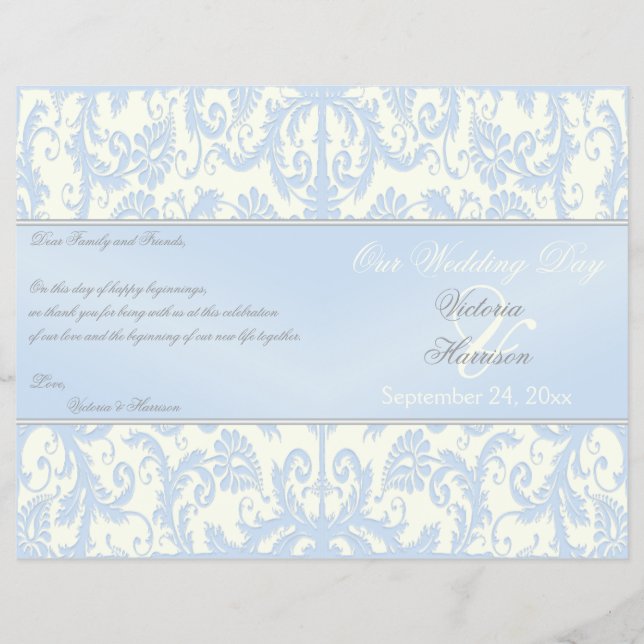 Blue and Ivory Damask Wedding Program (Front)