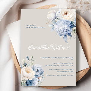 Blue and ivory floral girl baby shower invitation
