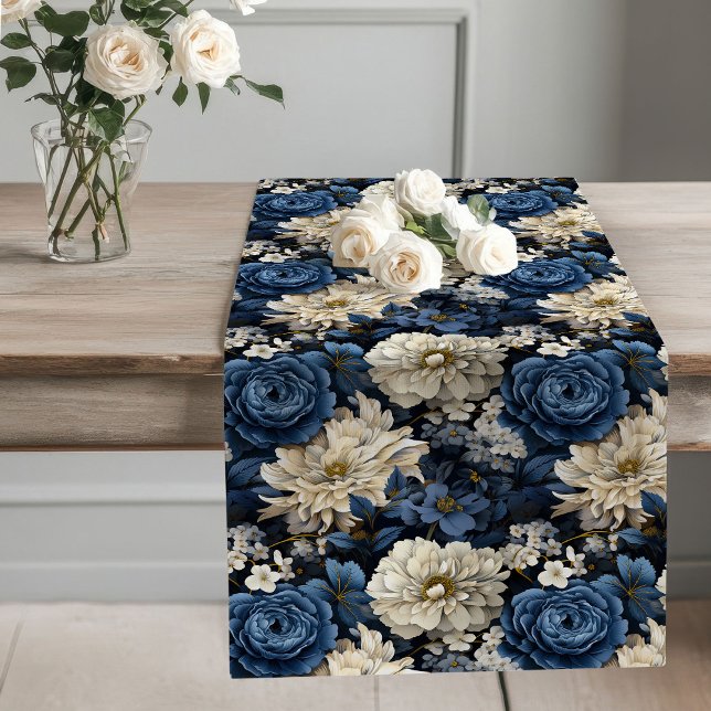 Blue and Ivory Floral Modern Table Runner (Blue and Ivory Floral Modern Table Runner)