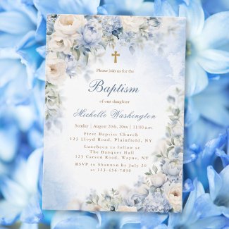 Blue and Ivory Flower Baptism Invitation
