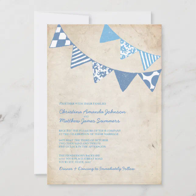 Fun Blue Invite Frame Blue and Ivory Fun Flags Wedding Invitations | Zazzle