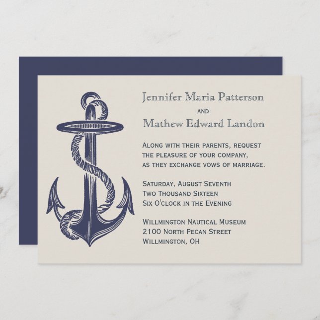 Blue and Ivory Nautical Themed Wedding Invitation (Front/Back)