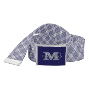 Blue and ivory plaid monogram belt