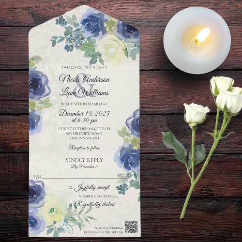 Blue and Ivory Roses on Cream with QR Code  All In One Invitation