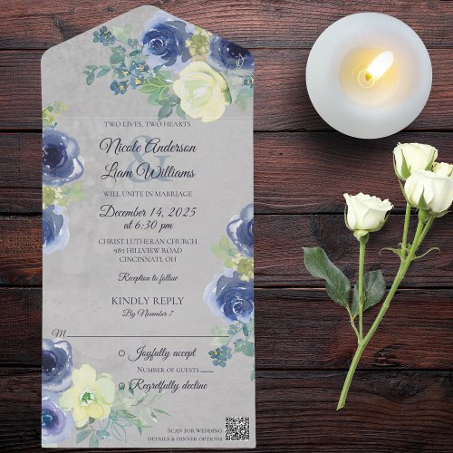 Blue and Ivory Roses on Pale Gray with QR Code All In One Invitation