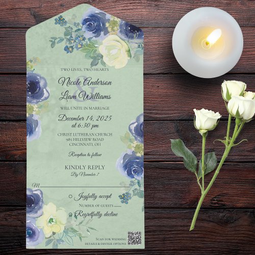 Blue and Ivory Roses on Sage Green with QR Code  All In One Invitation
