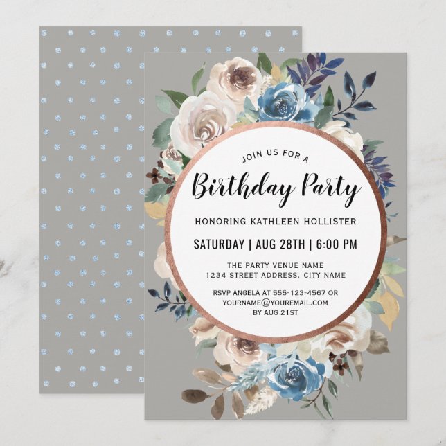 Blue and Ivory Rustic Floral Birthday Party Invitation (Front/Back)