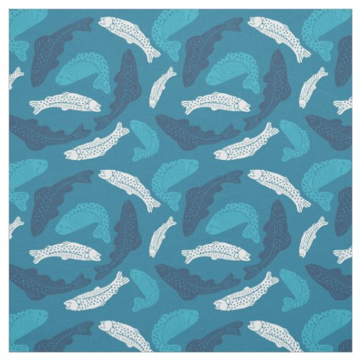 Blue and Ivory Trout, Fish Patterned Fabric