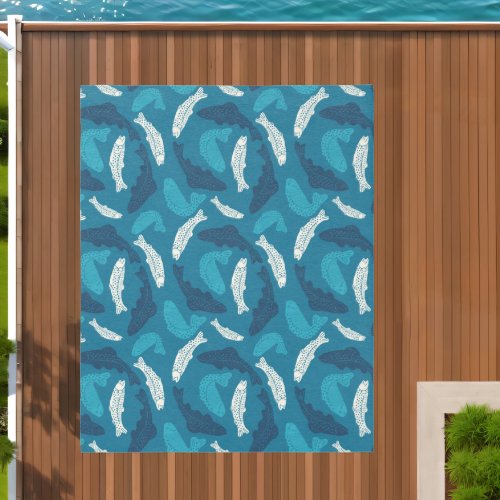 Blue and Ivory Trout Fish Patterned Outdoor Rug