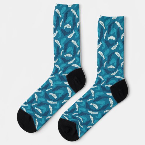 Blue and Ivory Trout Fish Patterned Socks