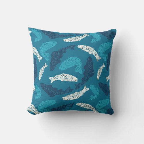 Blue and Ivory Trout Fish Patterned Throw Pillow