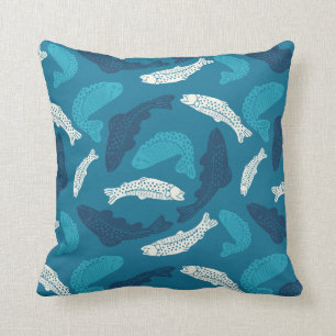 Blue and Ivory Trout, Fish Patterned Throw Pillow