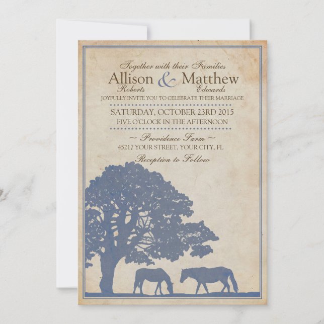 Blue and Ivory Vintage Horse Farm Wedding Invitation (Front)