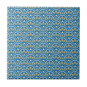 Blue And Khaki Floral Art Deco Pattern Ceramic Tile