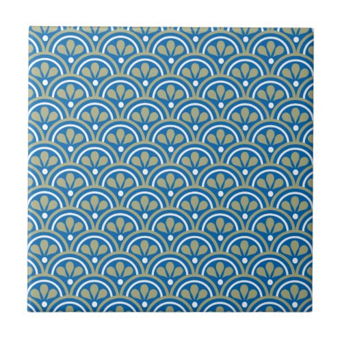 Blue And Khaki Floral Art Deco Pattern Ceramic Tile