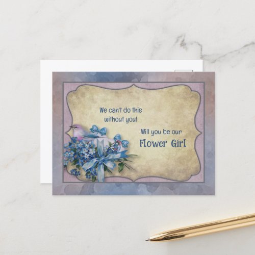 Blue and Lavender Bird Forget_me_nots Flower Girl Announcement Postcard