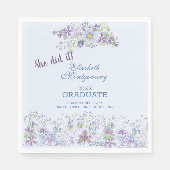 Blue and Lavender Floral Graduation Party   Napkins (Front)