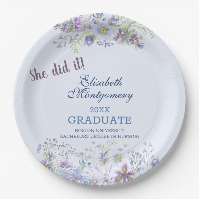 Blue and Lavender Floral Graduation Party Paper Plates (Front)