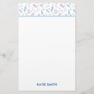 Blue and Lavender Leaves with Hearts Pattern Stationery