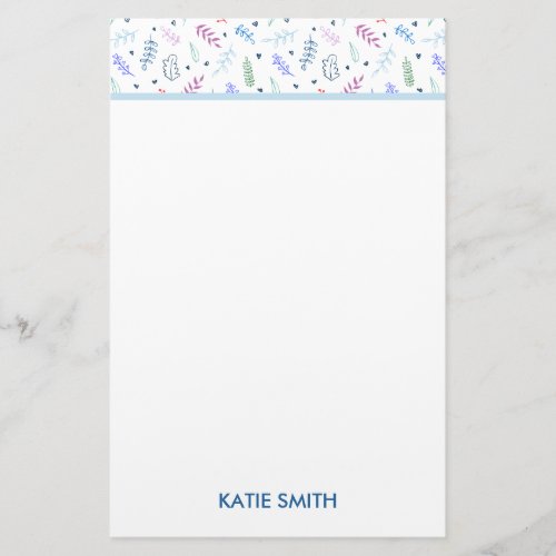 Blue and Lavender Leaves with Hearts Pattern Stationery