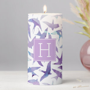 Blue and Lavender Watercolor Birds Pillar Candle