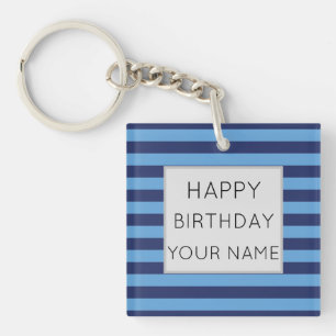 Blue And Light Blue Striped Happy Birthday Keychain
