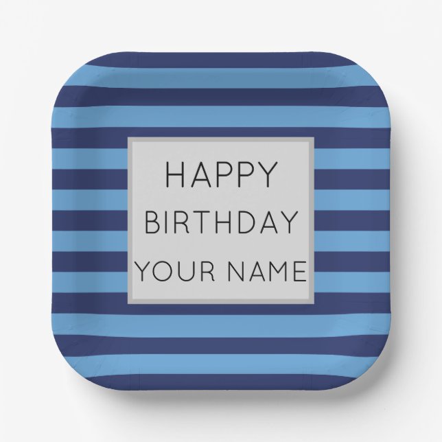 Blue And Light Blue Striped Happy Birthday Paper Plates (Front)