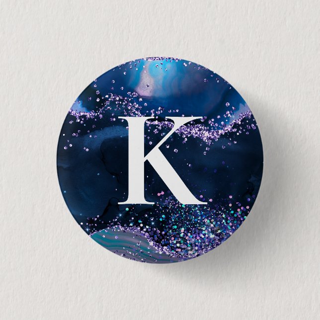 Blue and Lilac Glitter Agate Pattern Initial Button (Front)