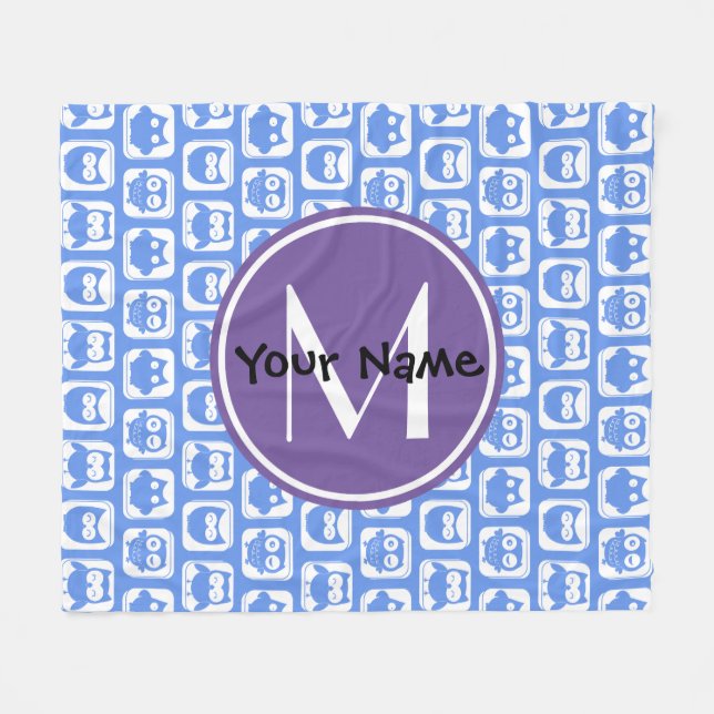 Blue and Lilac Owl Custom Monogram Personalized N1 Fleece Blanket (Front (Horizontal))