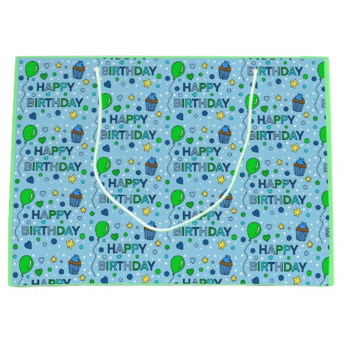 Blue and Lime Green Boys Happy Birthday   Large Gift Bag