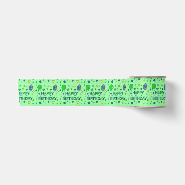 Blue and Lime Green Boy's Happy Birthday    Satin Ribbon (Front)