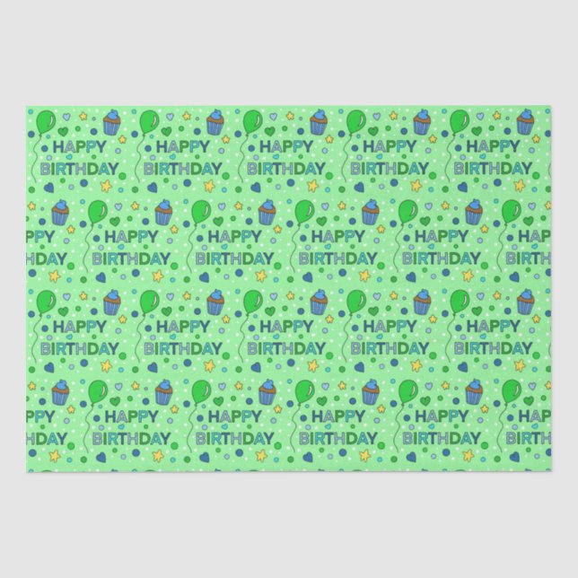 Blue and Lime Green Boy's Happy Birthday    Tissue Paper (Front)