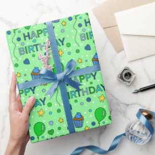 Blue and Lime Green Boy's Happy Birthday   Wrapping Paper