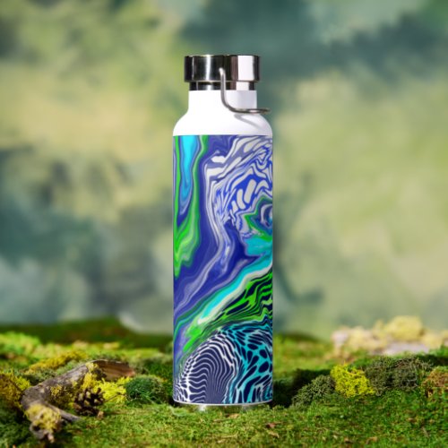 Blue and Lime Green Digital Pour Paint Marble Water Bottle