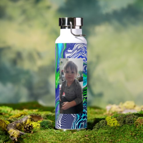 Blue and Lime Green Digital Pour Paint Personalize Water Bottle