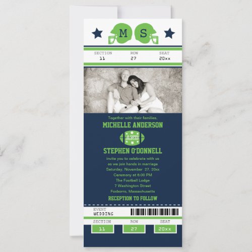 Blue and Lime Green Football Ticket Wedding Invitation