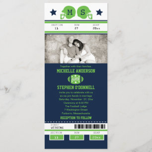 Blue and Lime Green Football Ticket Wedding Invitation
