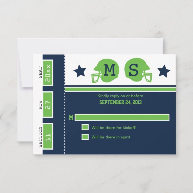 Blue and Lime Green Football Ticket Wedding RSVP (Front)