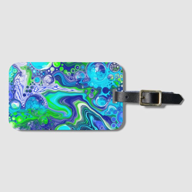 Blue and Lime Green Marble Pour Painting Effect   Luggage Tag (Front Horizontal)