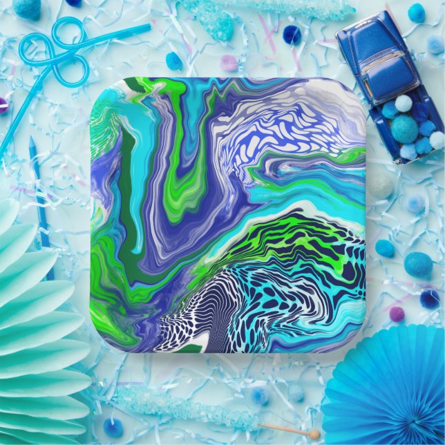 Blue and Lime Green Marble Swirls Birthday Paper P Paper Plates (Party)