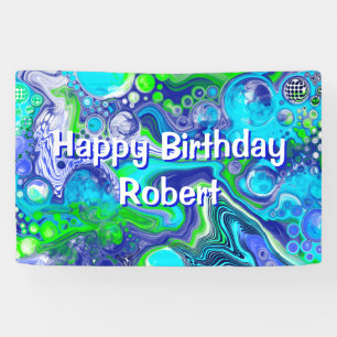 Blue and Lime Green Marble Swirls Birthday Party Banner