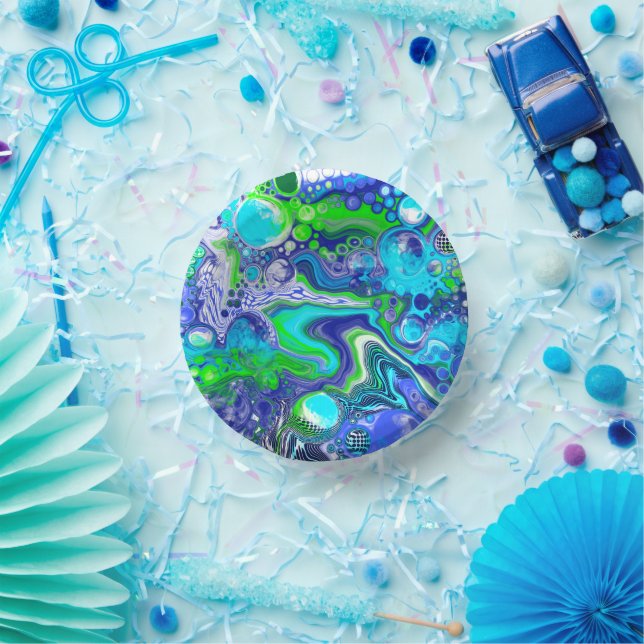 Blue and Lime Green Marble Swirls Birthday Party  Paper Bowls (Party)