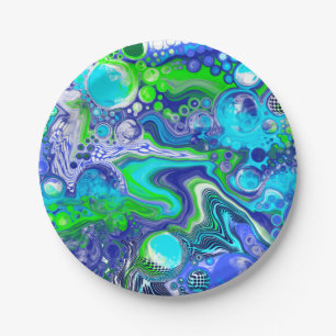 Blue and Lime Green Marble Swirls Birthday Party Paper Plates
