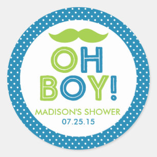 Blue and Lime Green Polka Dot Oh Boy Baby Shower Classic Round Sticker