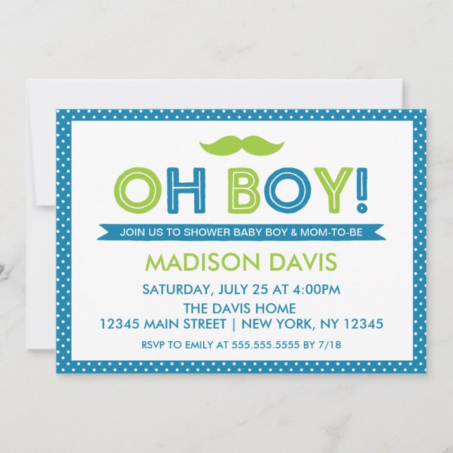 Blue and Lime Green Polka Dot Oh Boy Baby Shower Invitation (Front)