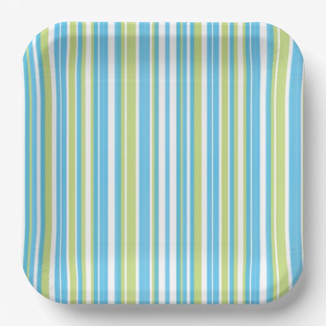 Blue and Lime Green Striped Paper Plates (Front)